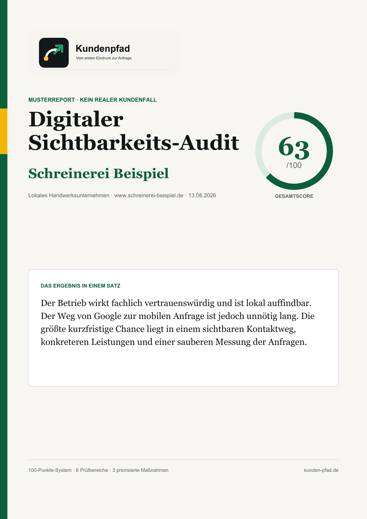 Titelseite des Kundenpfad Musterberichts mit dem Hinweis Musterbericht, kein realer Kundenfall
