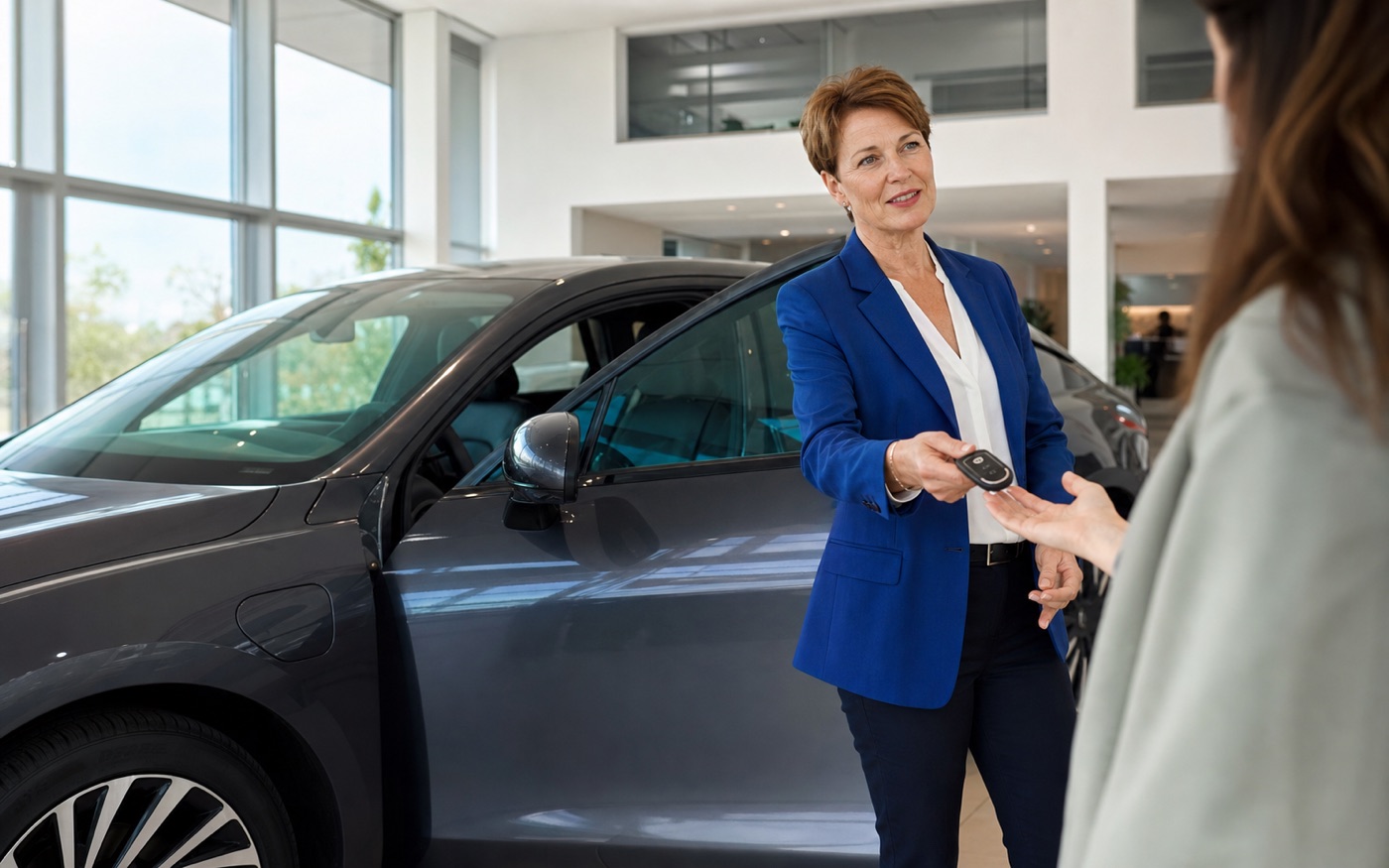 Autoverkäuferin bei der Übergabe eines Fahrzeugschlüssels