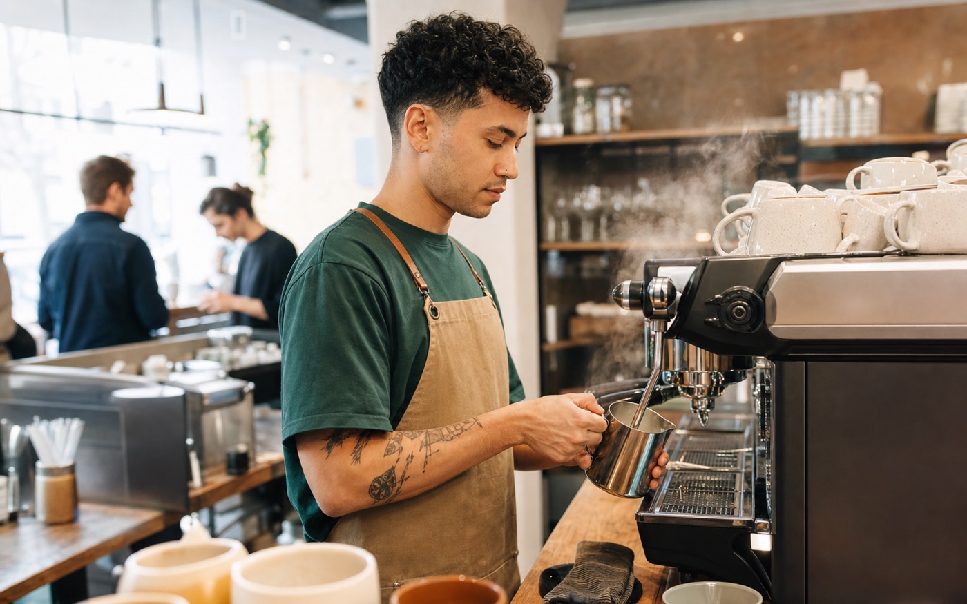 Junger Barista beim Aufschäumen von Milch in einem Café