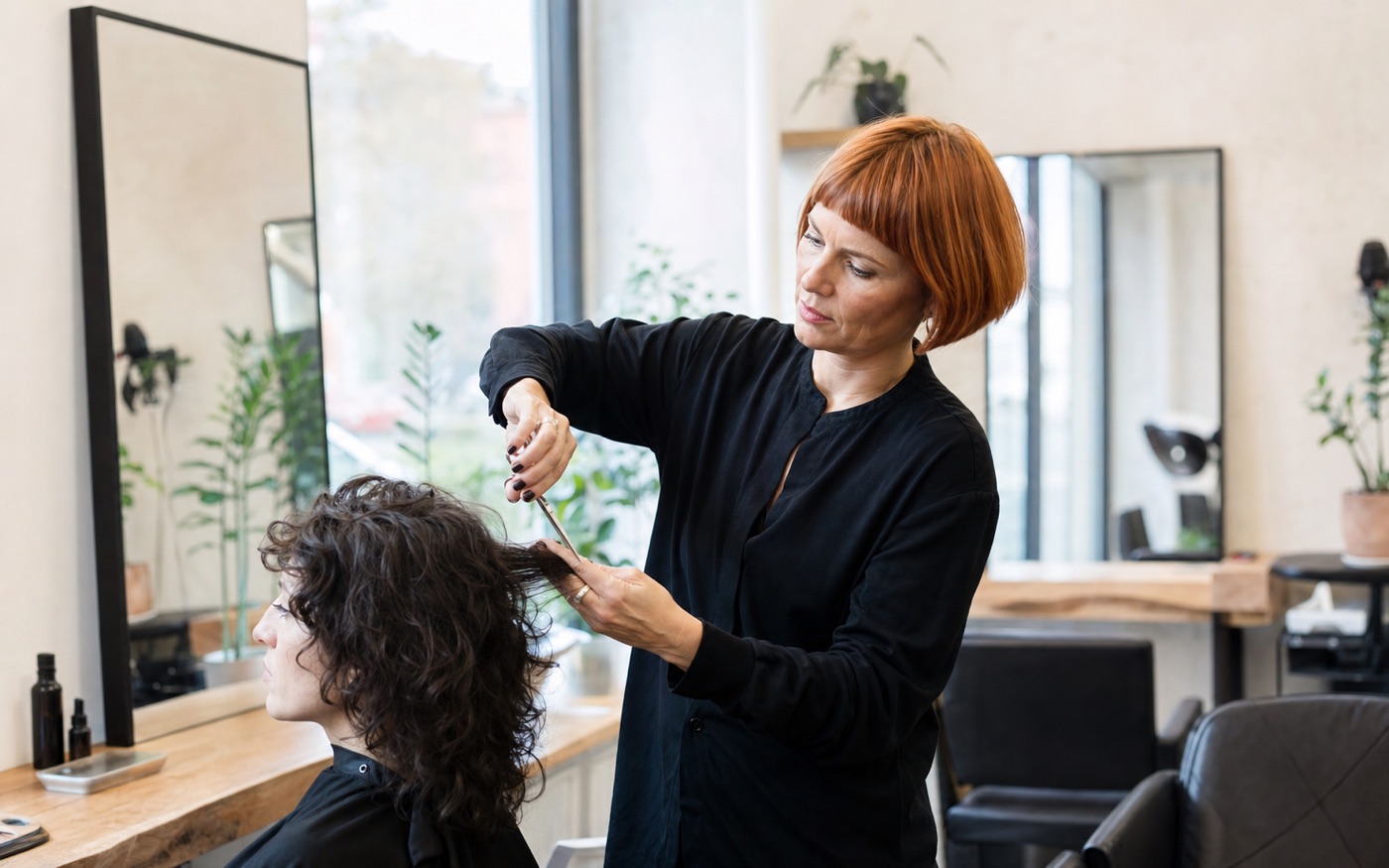 Friseurin beim Schneiden der Haare einer Kundin
