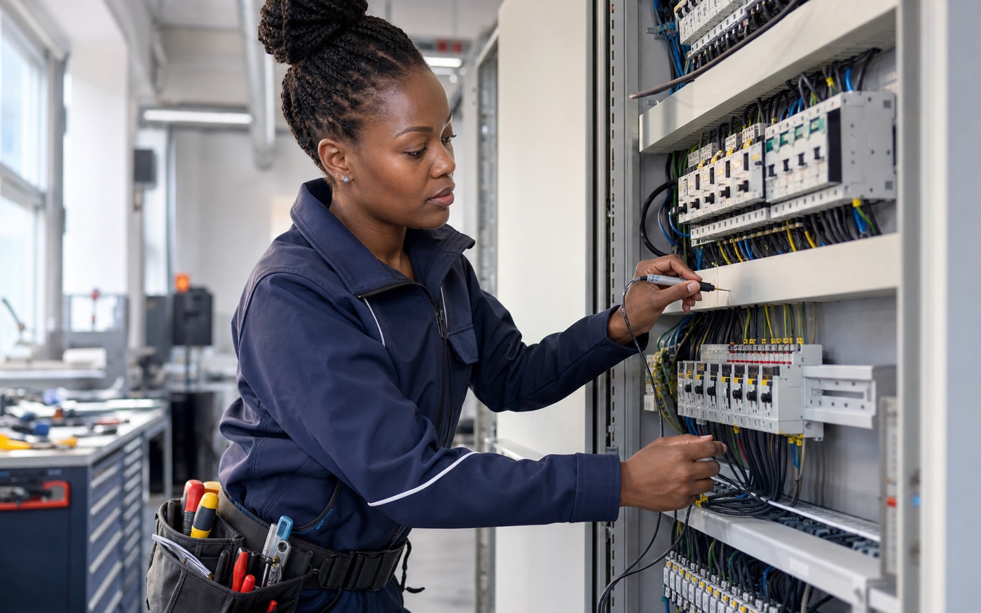 Elektrofachkraft prüft eine professionelle Schaltanlage