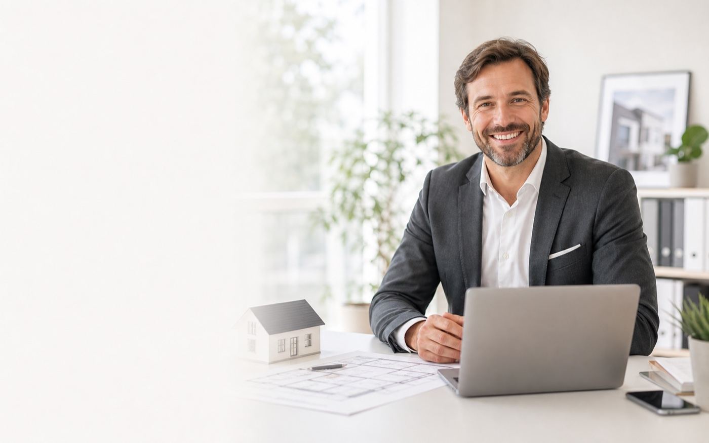 Immobilienmakler mit Laptop in einem hellen Büro