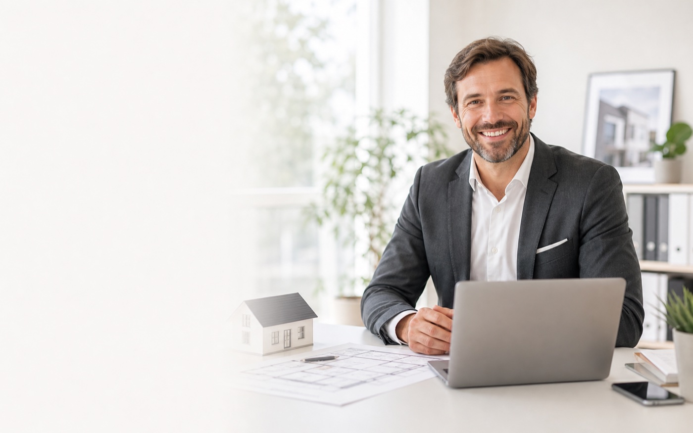 Immobilienmakler mit Laptop in einem hellen Büro