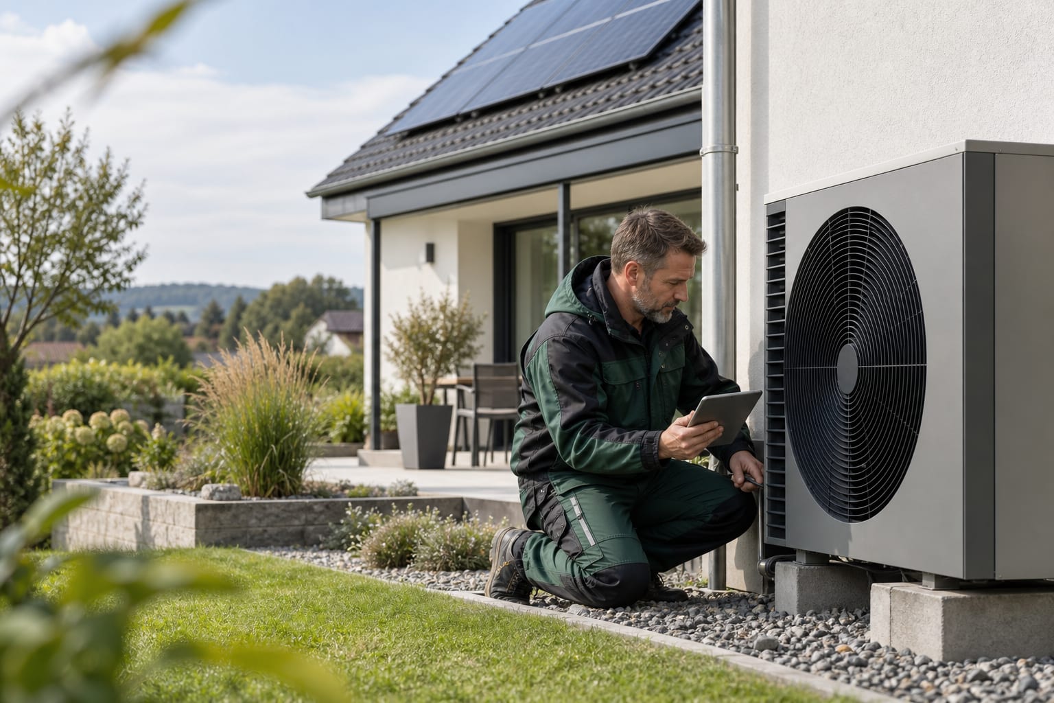 Fachbetrieb prüft eine moderne Wärmepumpe